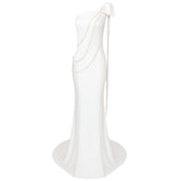 Fall White Diagonal Collar Chain Shoulder Bow Dress Cocktail Formal Dress